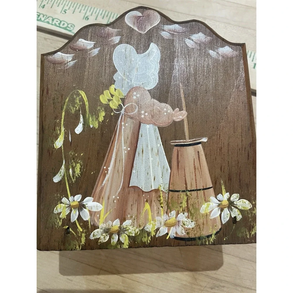 Vtg Wooden Sunbonnet Girl Pie Flowers Hand Painted Napkin Holder Country Prairie